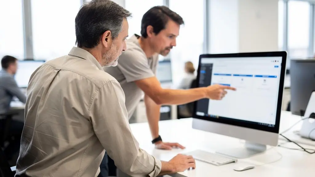Un expert en conformité numérique accompagne un employé dans l'utilisation de la plateforme de signature électronique harmonisée.