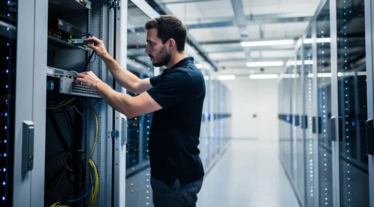 Un technicien IT installe un module HSM (Hardware Security Module) dans une baie serveur au sein d'un datacenter moderne.